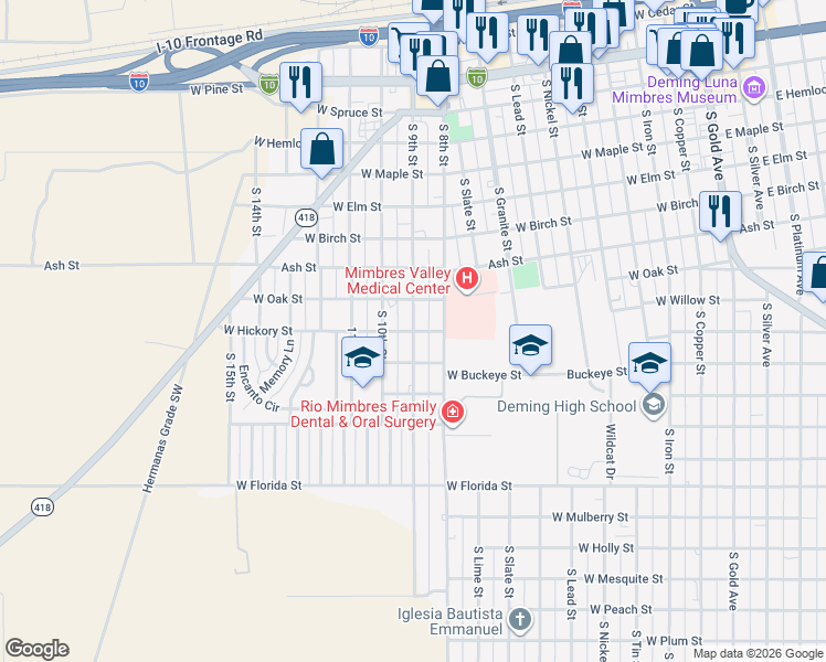 map of restaurants, bars, coffee shops, grocery stores, and more near 1000 West Hickory Street in Deming