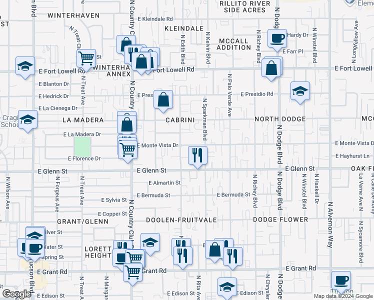map of restaurants, bars, coffee shops, grocery stores, and more near 3316 East Monte Vista Drive in Tucson