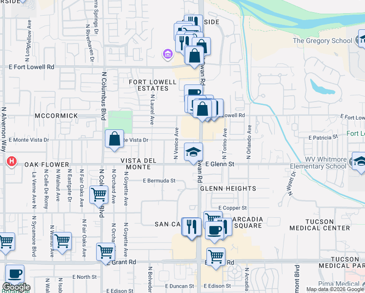 map of restaurants, bars, coffee shops, grocery stores, and more near 4670 East San Francisco Boulevard in Tucson