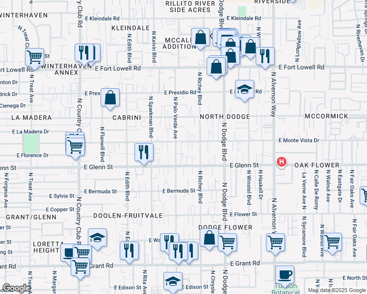 map of restaurants, bars, coffee shops, grocery stores, and more near 3540 East Monte Vista Drive in Tucson