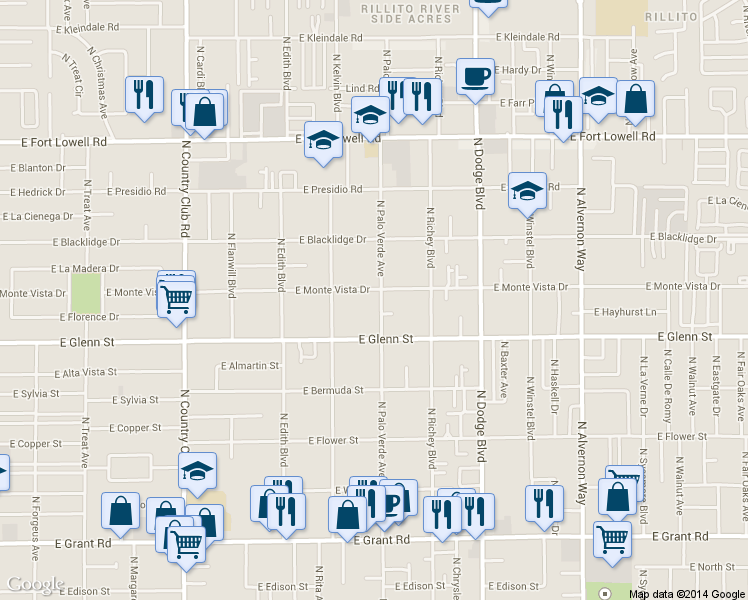 map of restaurants, bars, coffee shops, grocery stores, and more near 3438 East Monte Vista Drive in Tucson