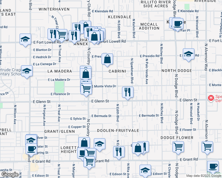 map of restaurants, bars, coffee shops, grocery stores, and more near 2831 North Edith Boulevard in Tucson