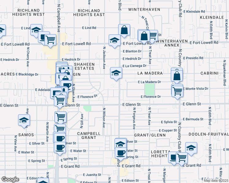 map of restaurants, bars, coffee shops, grocery stores, and more near 2875 North Tucson Boulevard in Tucson