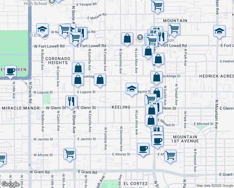 map of restaurants, bars, coffee shops, grocery stores, and more near 2837 North Geronimo Avenue in Tucson