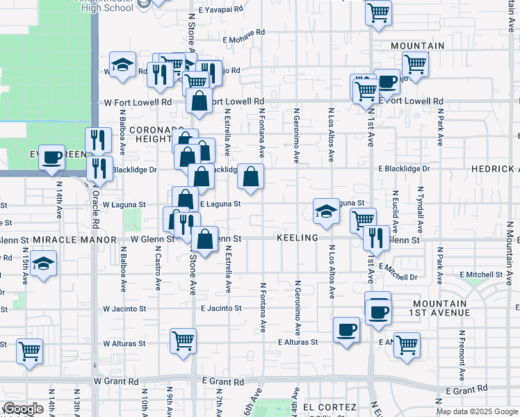 map of restaurants, bars, coffee shops, grocery stores, and more near 2849 North Fontana Avenue in Tucson