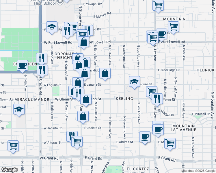 map of restaurants, bars, coffee shops, grocery stores, and more near 2849 North Fontana Avenue in Tucson