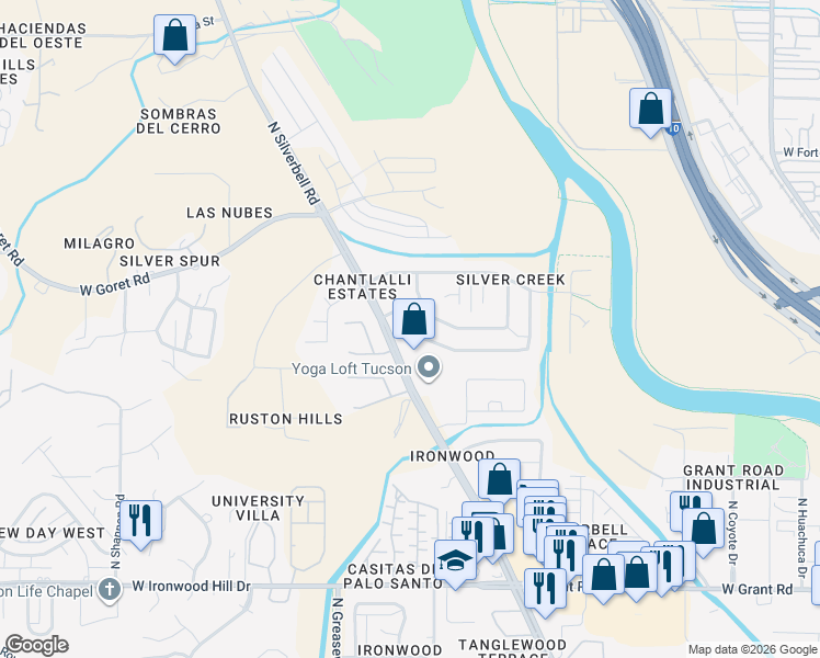 map of restaurants, bars, coffee shops, grocery stores, and more near 2367 West Silver River Way in Tucson