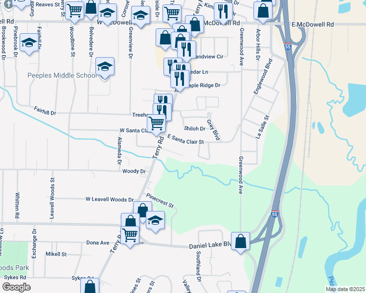 map of restaurants, bars, coffee shops, grocery stores, and more near 145 East Santa Clair Street in Jackson