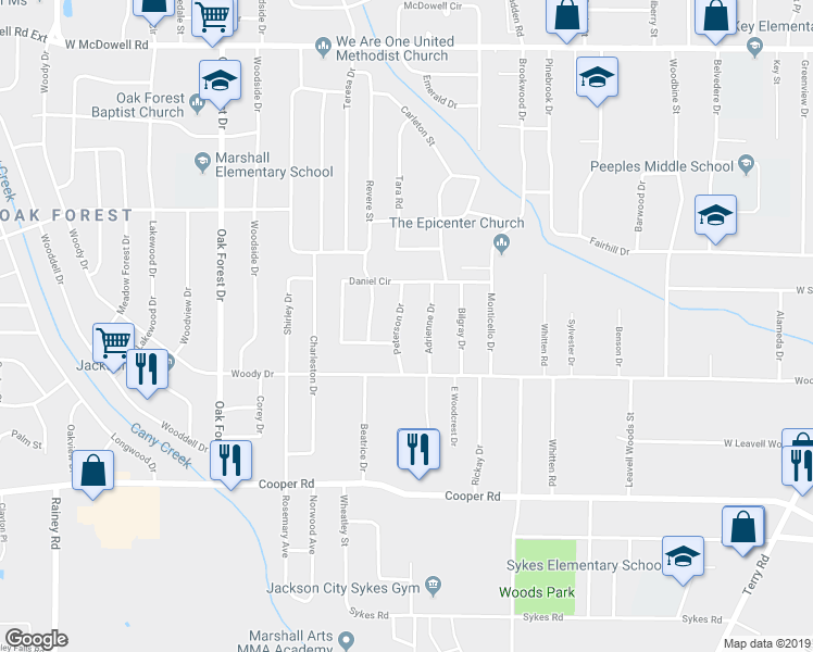 map of restaurants, bars, coffee shops, grocery stores, and more near 3150 Peterson Drive in Jackson