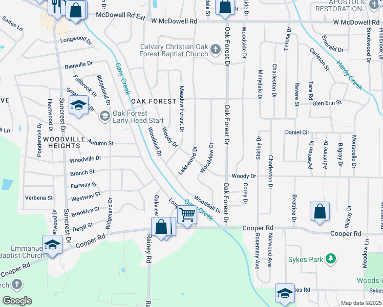 map of restaurants, bars, coffee shops, grocery stores, and more near 1211 Woody Drive in Jackson