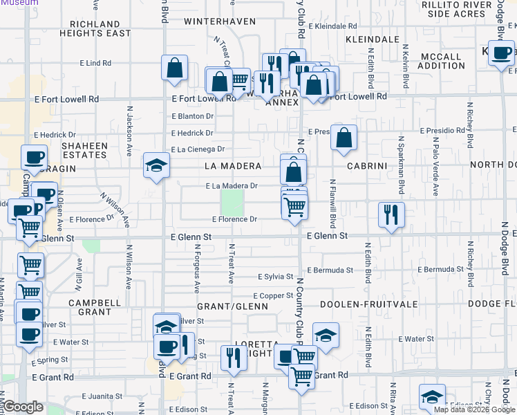 map of restaurants, bars, coffee shops, grocery stores, and more near 2825 East Florence Drive in Tucson