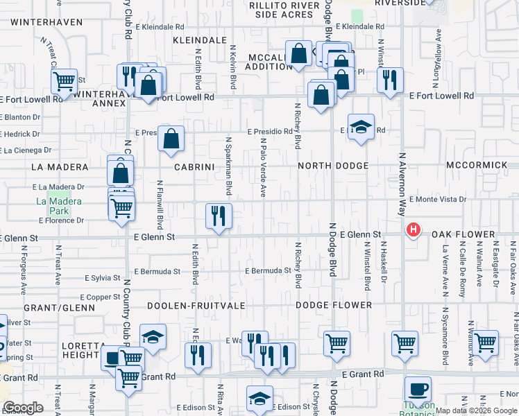 map of restaurants, bars, coffee shops, grocery stores, and more near 2851 North Palo Verde Avenue in Tucson