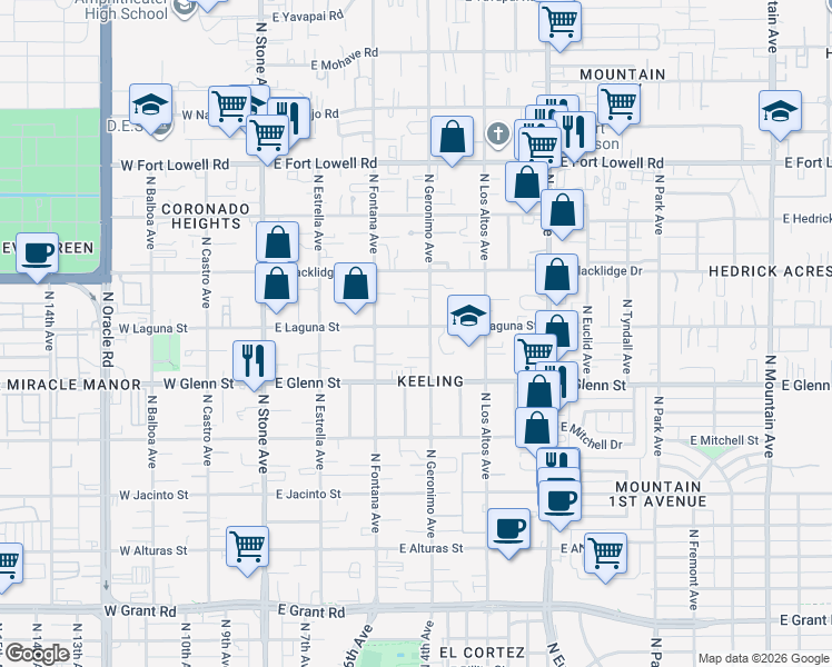 map of restaurants, bars, coffee shops, grocery stores, and more near 2837 North Geronimo Avenue in Tucson