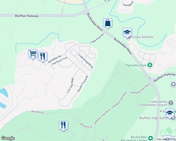 map of restaurants, bars, coffee shops, grocery stores, and more near 41 East Morningside Drive in Bluffton