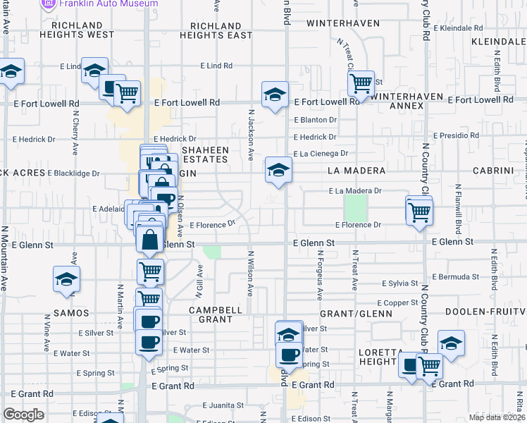 map of restaurants, bars, coffee shops, grocery stores, and more near 2875 North Tucson Boulevard in Tucson