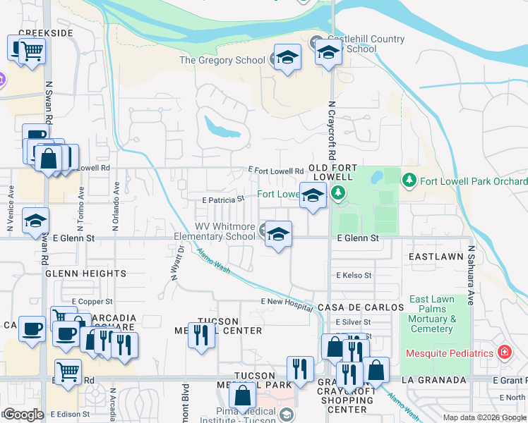map of restaurants, bars, coffee shops, grocery stores, and more near 2856 North Beverly Avenue in Tucson