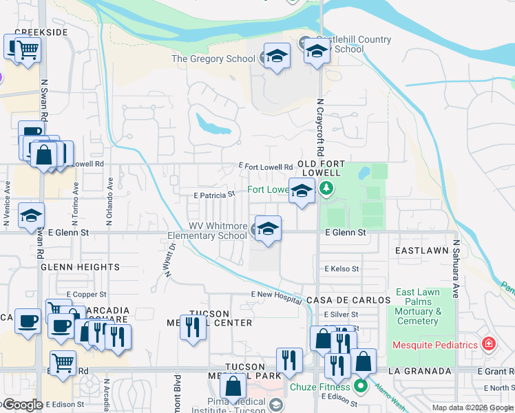map of restaurants, bars, coffee shops, grocery stores, and more near 2860 North Beverly Avenue in Tucson
