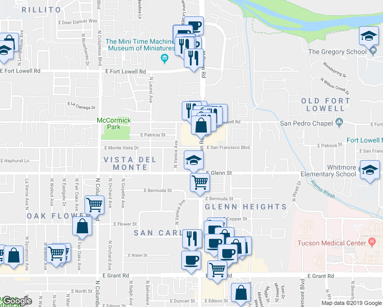 map of restaurants, bars, coffee shops, grocery stores, and more near 4670 East San Francisco Boulevard in Tucson
