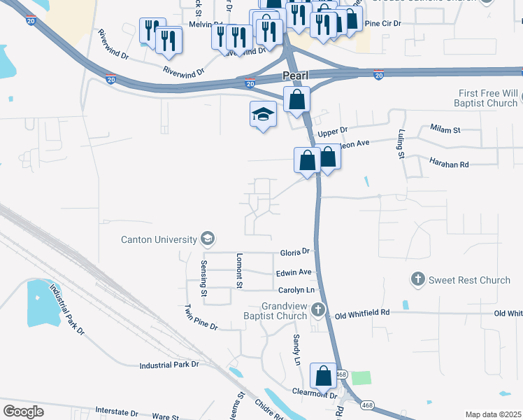 map of restaurants, bars, coffee shops, grocery stores, and more near 200 Colony Park Drive in Pearl