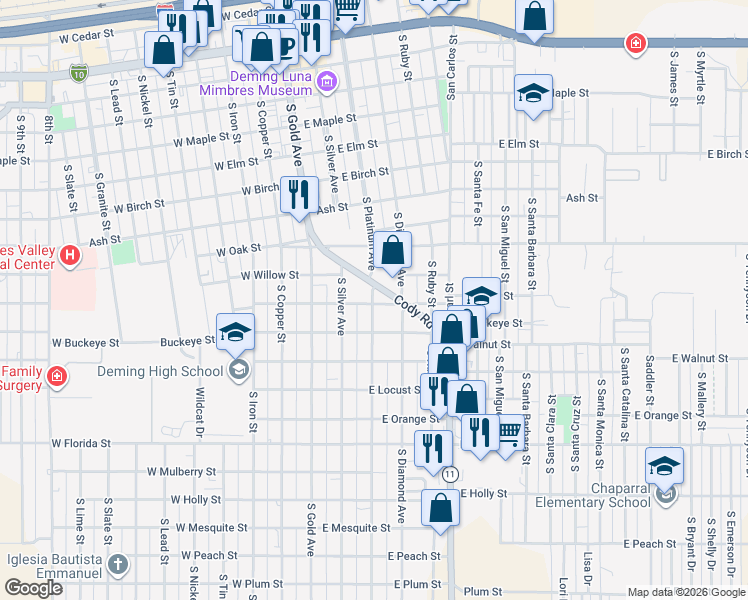 map of restaurants, bars, coffee shops, grocery stores, and more near 307 East Olive Street in Deming