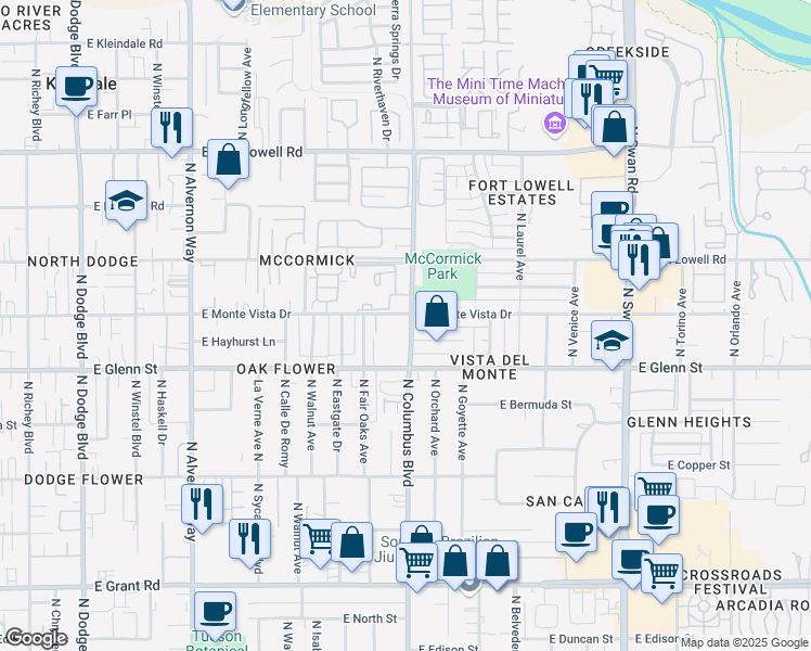 map of restaurants, bars, coffee shops, grocery stores, and more near 4301 East Hayhurst Street in Tucson
