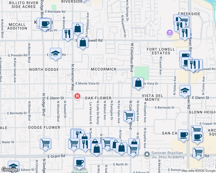 map of restaurants, bars, coffee shops, grocery stores, and more near 2841 North Eastgate Drive in Tucson