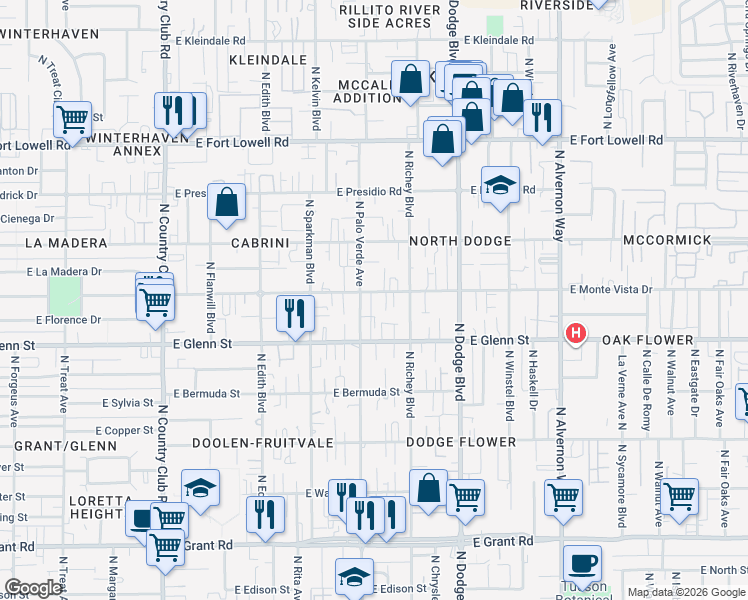map of restaurants, bars, coffee shops, grocery stores, and more near 3540 East Monte Vista Drive in Tucson