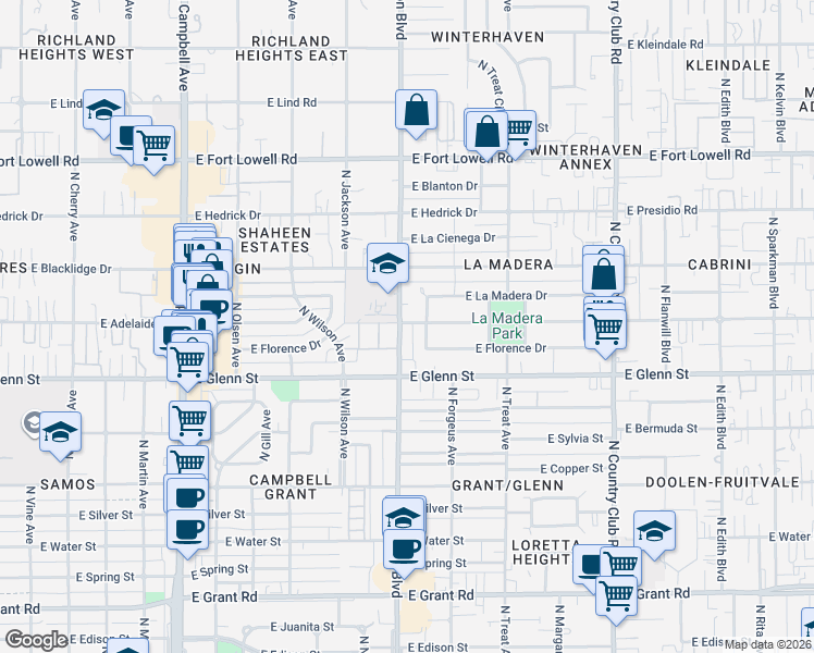 map of restaurants, bars, coffee shops, grocery stores, and more near 2875 North Tucson Boulevard in Tucson