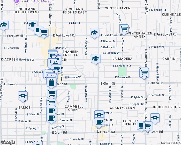 map of restaurants, bars, coffee shops, grocery stores, and more near 2842 North Wilson Avenue in Tucson