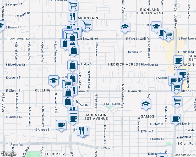 map of restaurants, bars, coffee shops, grocery stores, and more near 2890 North Park Avenue in Tucson