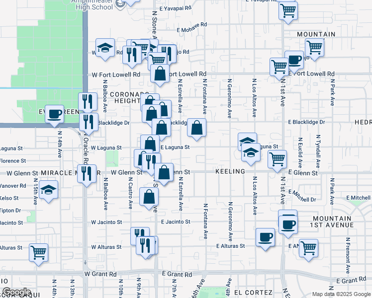 map of restaurants, bars, coffee shops, grocery stores, and more near 2841 North Estrella Avenue in Tucson