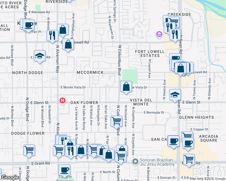 map of restaurants, bars, coffee shops, grocery stores, and more near 2861 North Columbus Boulevard in Tucson
