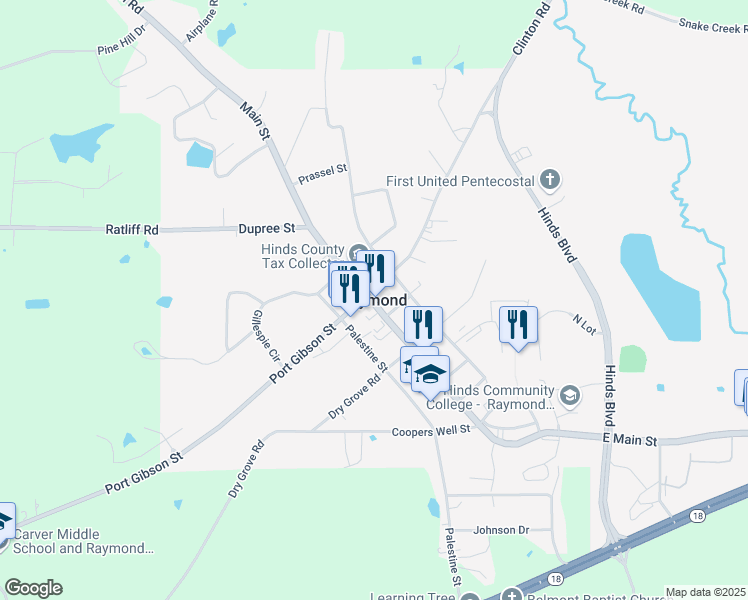 map of restaurants, bars, coffee shops, grocery stores, and more near in Raymond
