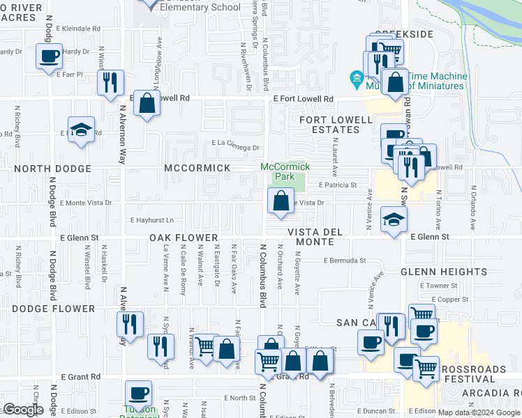 map of restaurants, bars, coffee shops, grocery stores, and more near 4301 East Hayhurst Street in Tucson