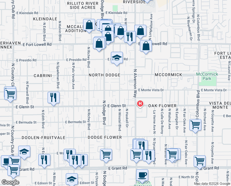 map of restaurants, bars, coffee shops, grocery stores, and more near 3750 East Mercedes Court in Tucson