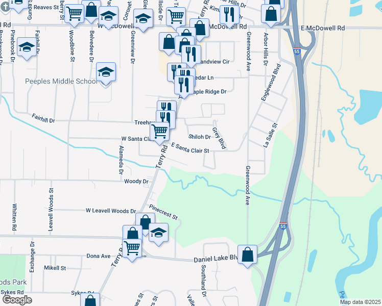 map of restaurants, bars, coffee shops, grocery stores, and more near 145 East Santa Clair Street in Jackson