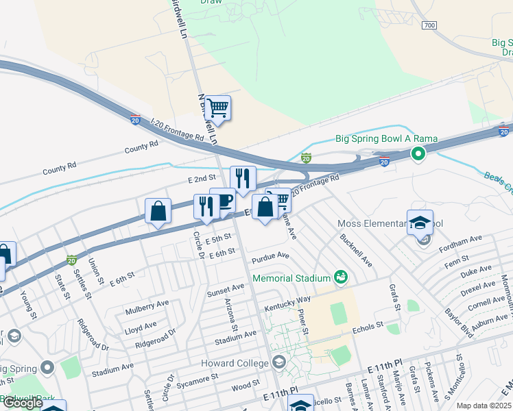 map of restaurants, bars, coffee shops, grocery stores, and more near 1715 East 4th Street in Big Spring