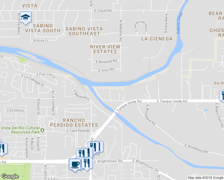 map of restaurants, bars, coffee shops, grocery stores, and more near 8031 East Tanque Verde Road in Tucson