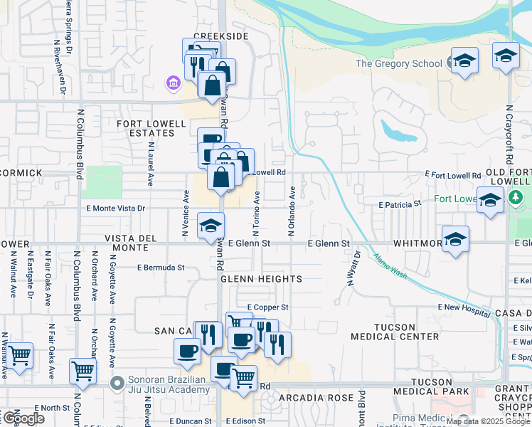 map of restaurants, bars, coffee shops, grocery stores, and more near 2838 North Torino Avenue in Tucson