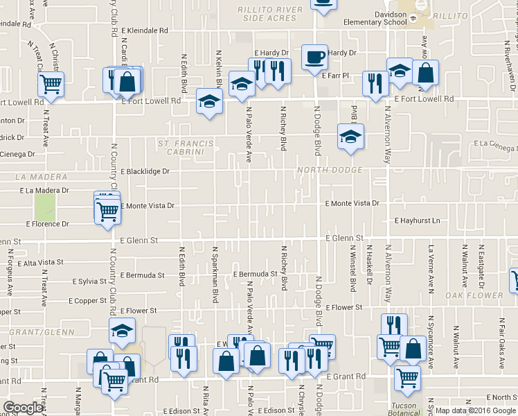 map of restaurants, bars, coffee shops, grocery stores, and more near 3540 East Monte Vista Drive in Tucson