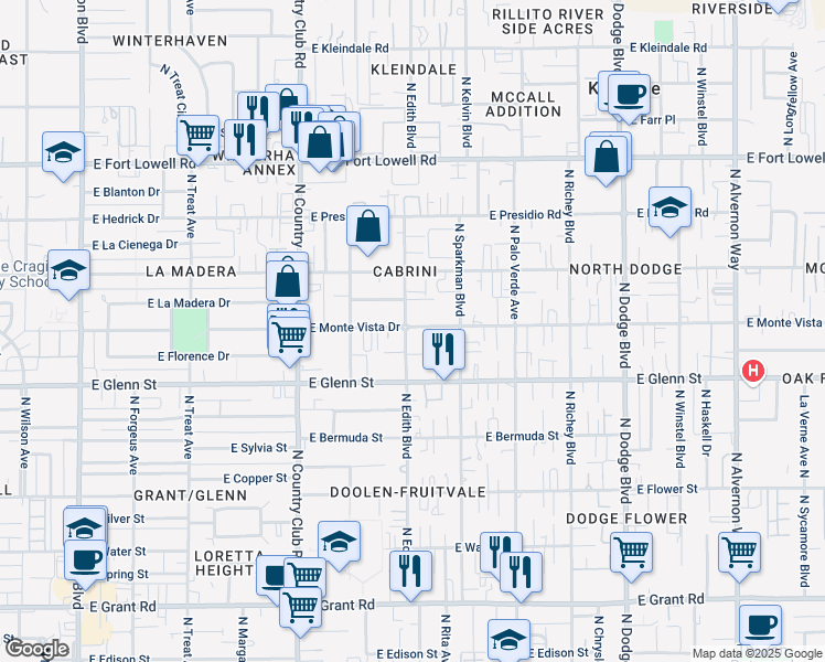 map of restaurants, bars, coffee shops, grocery stores, and more near 3316 East Monte Vista Drive in Tucson