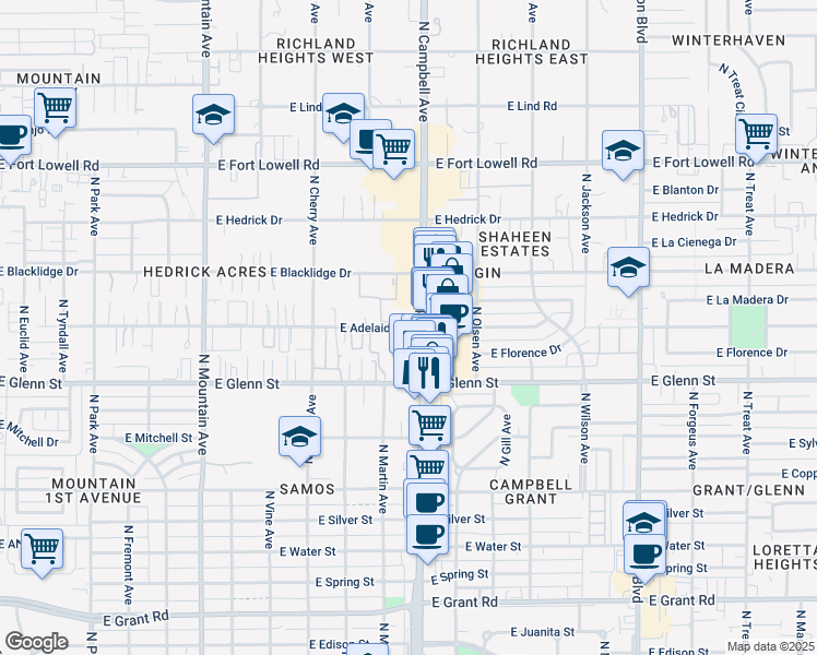 map of restaurants, bars, coffee shops, grocery stores, and more near 2885 North Campbell Avenue in Tucson