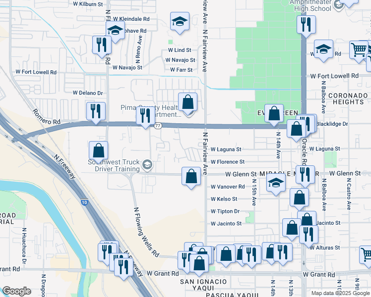 map of restaurants, bars, coffee shops, grocery stores, and more near 1067 West Miracle Mile in Tucson