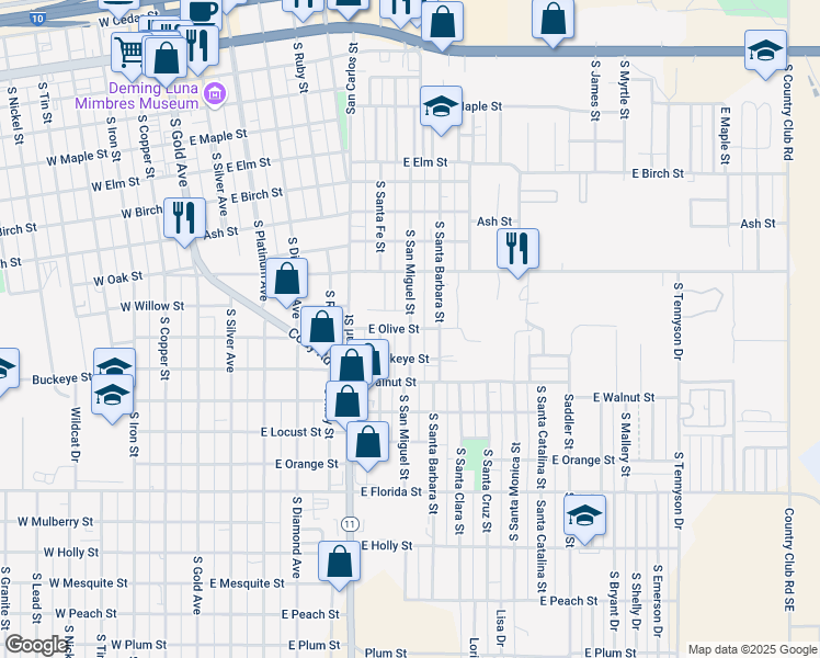 map of restaurants, bars, coffee shops, grocery stores, and more near 1000 South San Miguel Street in Deming