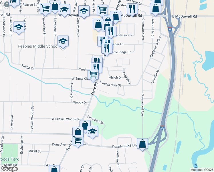 map of restaurants, bars, coffee shops, grocery stores, and more near 129 East Santa Clair Street in Jackson