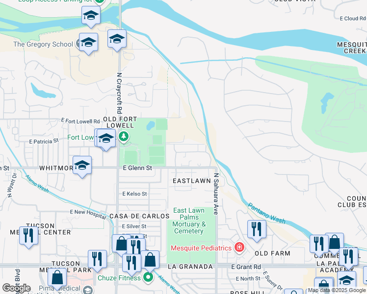 map of restaurants, bars, coffee shops, grocery stores, and more near 5701 East Glenn Street in Tucson
