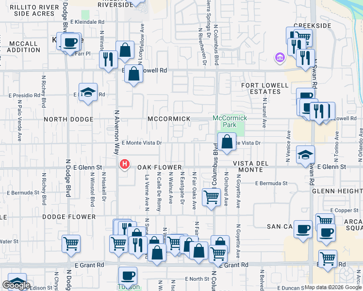 map of restaurants, bars, coffee shops, grocery stores, and more near 2865 North Eastgate Drive in Tucson