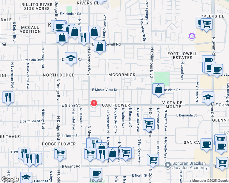 map of restaurants, bars, coffee shops, grocery stores, and more near 4068 East Monte Vista Drive in Tucson