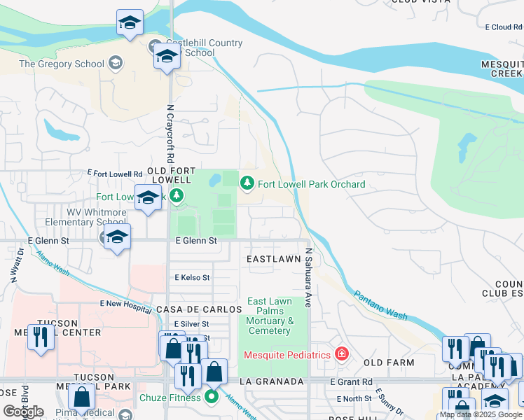 map of restaurants, bars, coffee shops, grocery stores, and more near 5701 East Glenn Street in Tucson
