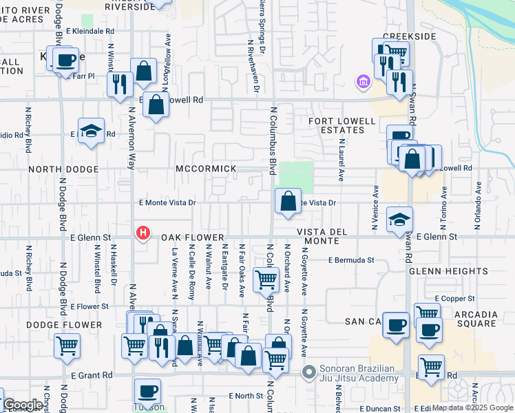 map of restaurants, bars, coffee shops, grocery stores, and more near 4242 East Monte Vista Drive in Tucson